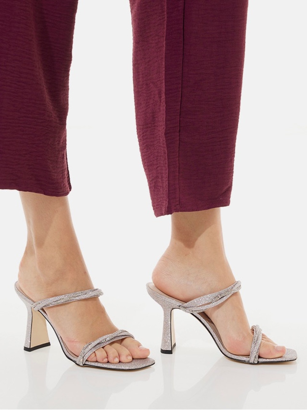 Charles & Keith Sparkly Rhinestone Square Toe Flare Heel Dress Sandals 39